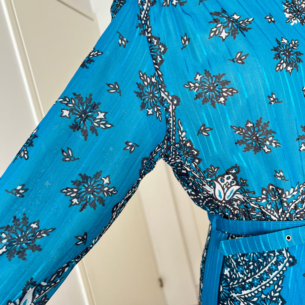 1980s Boho Blue Scarf Print Dress-3/4 Sleeves Retro Pleated Midi Dress