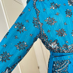 1980s Boho Blue Scarf Print Dress-3/4 Sleeves Retro Pleated Midi Dress