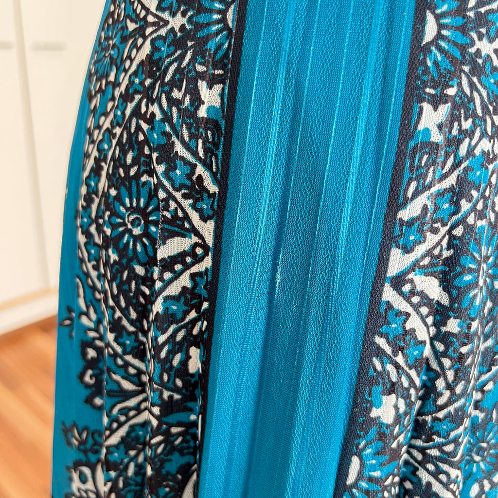 1980s Boho Blue Scarf Print Dress-3/4 Sleeves Retro Pleated Midi Dress