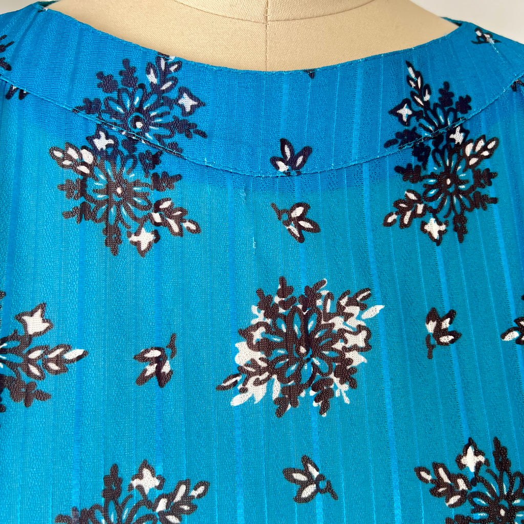 1980s Boho Blue Scarf Print Dress-3/4 Sleeves Retro Pleated Midi Dress