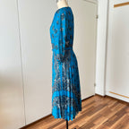 1980s Boho Blue Scarf Print Dress-3/4 Sleeves Retro Pleated Midi Dress