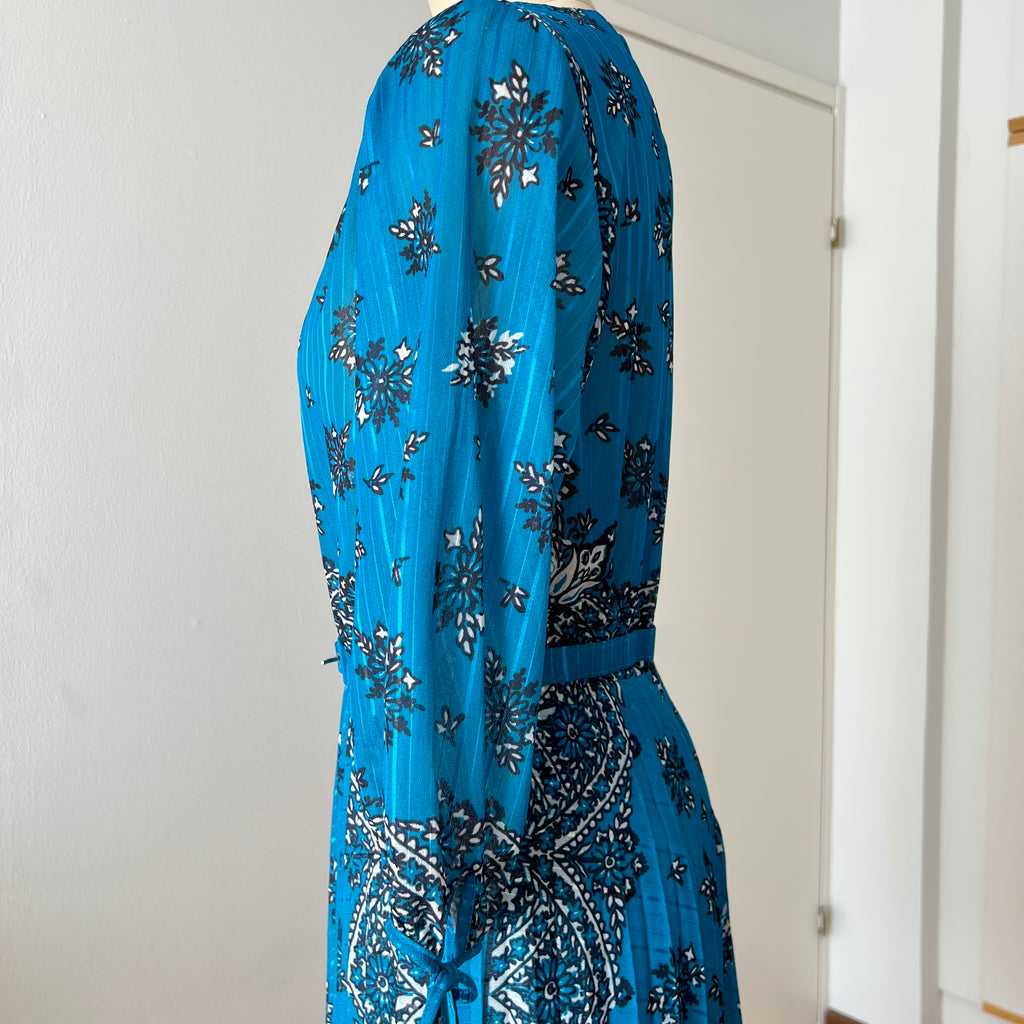 1980s Boho Blue Scarf Print Dress-3/4 Sleeves Retro Pleated Midi Dress