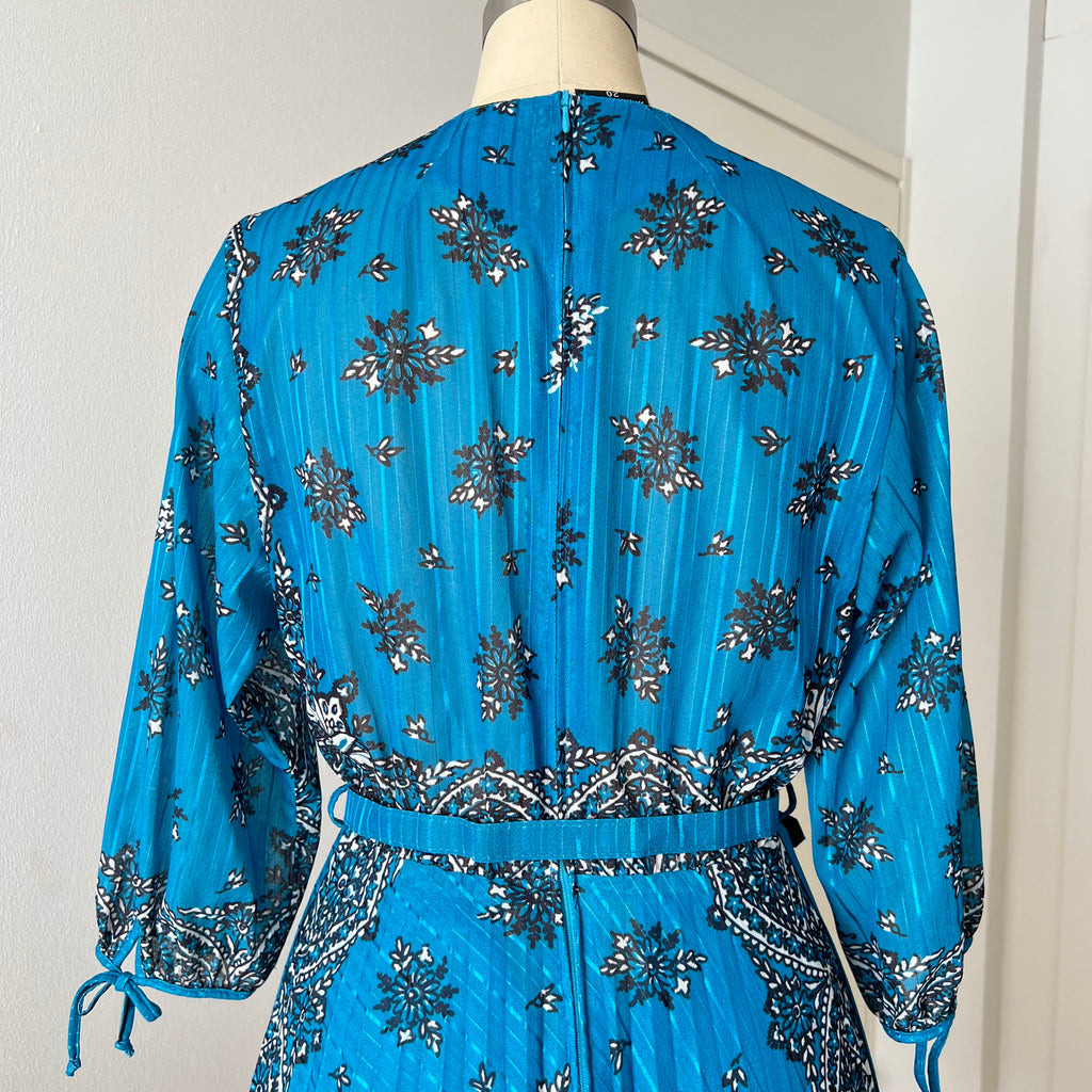 1980s Boho Blue Scarf Print Dress-3/4 Sleeves Retro Pleated Midi Dress