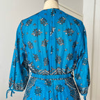 1980s Boho Blue Scarf Print Dress-3/4 Sleeves Retro Pleated Midi Dress