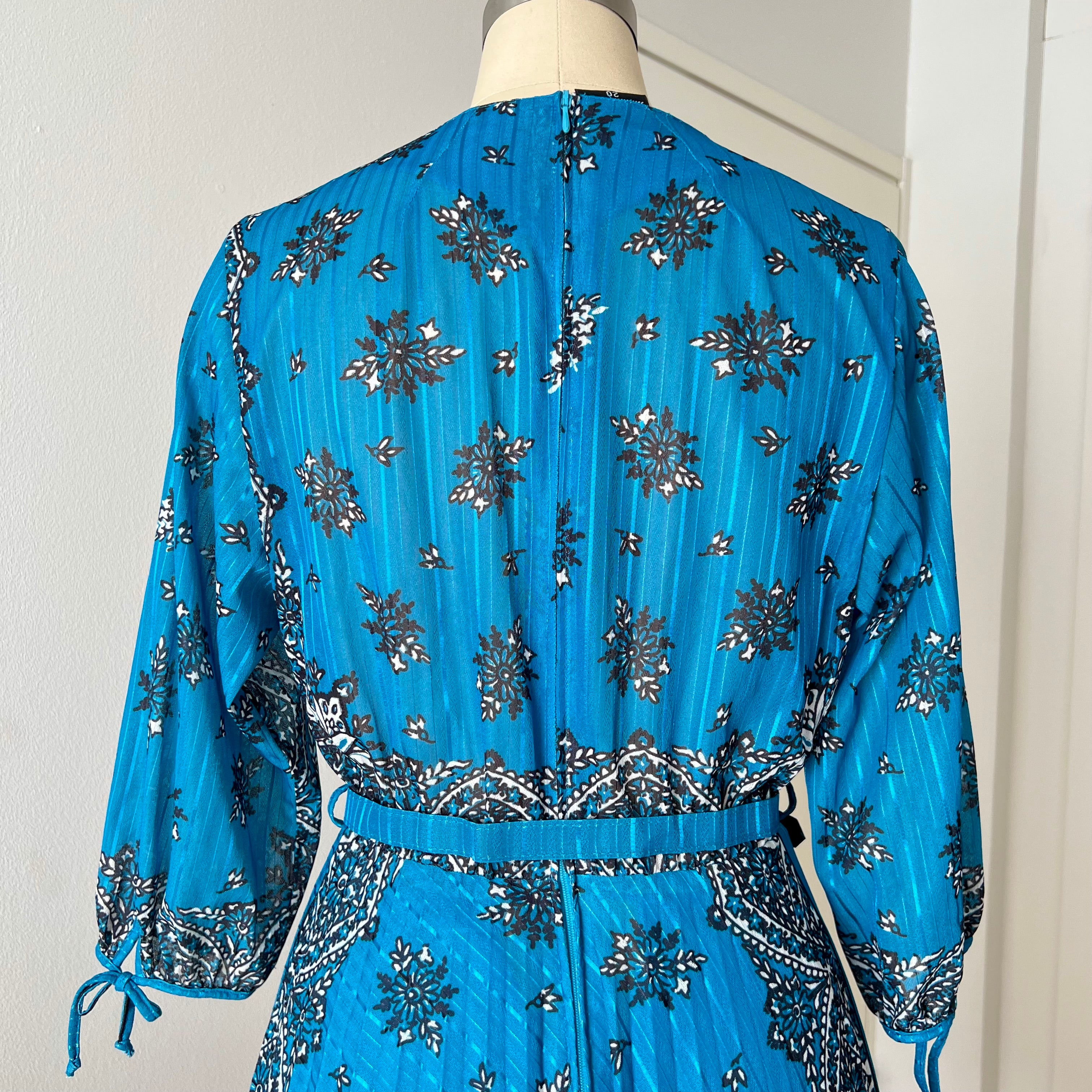 1980s Boho Blue Scarf Print Dress-3/4 Sleeves Retro Pleated Midi Dress