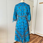 1980s Boho Blue Scarf Print Dress-3/4 Sleeves Retro Pleated Midi Dress