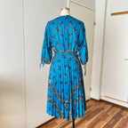 1980s Boho Blue Scarf Print Dress-3/4 Sleeves Retro Pleated Midi Dress