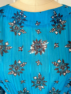 1980s Boho Blue Scarf Print Dress-3/4 Sleeves Retro Pleated Midi Dress
