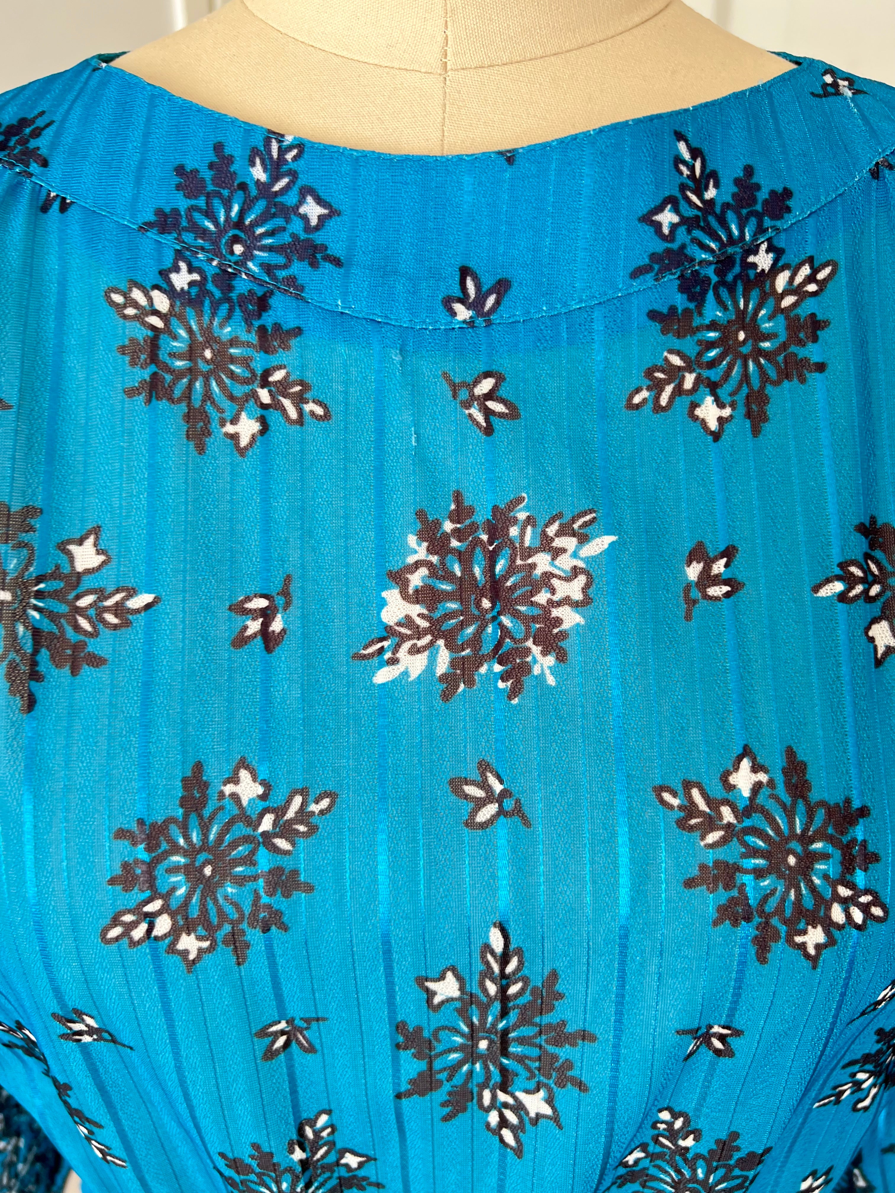 1980s Boho Blue Scarf Print Dress-3/4 Sleeves Retro Pleated Midi Dress