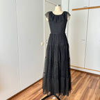 1970s Black Chiffon Maxi Dress-VERA MONT Tiered Ruffle Formal Whimsygoth Dress