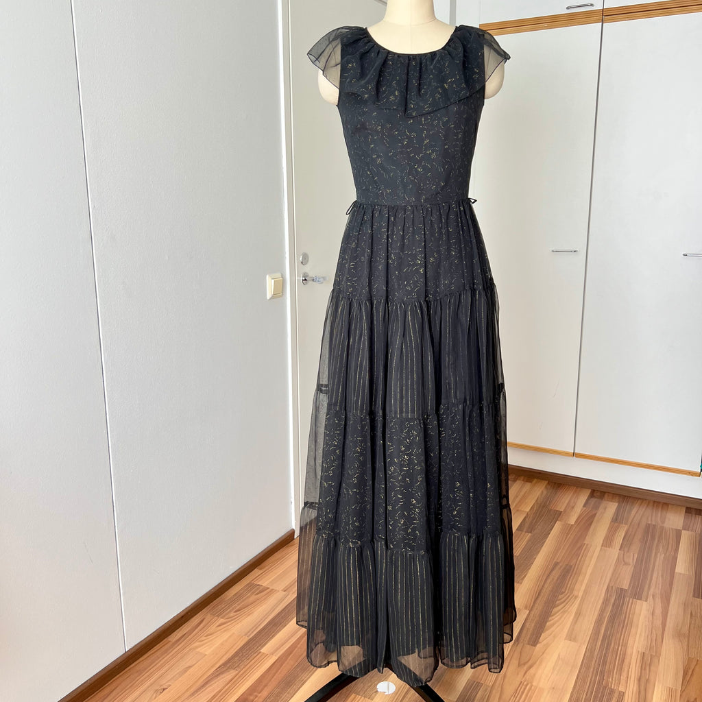 1970s Black Chiffon Maxi Dress-VERA MONT Tiered Ruffle Formal Whimsygoth Dress