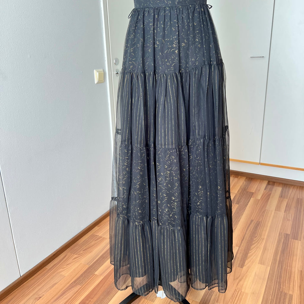 1970s Black Chiffon Maxi Dress-VERA MONT Tiered Ruffle Formal Whimsygoth Dress