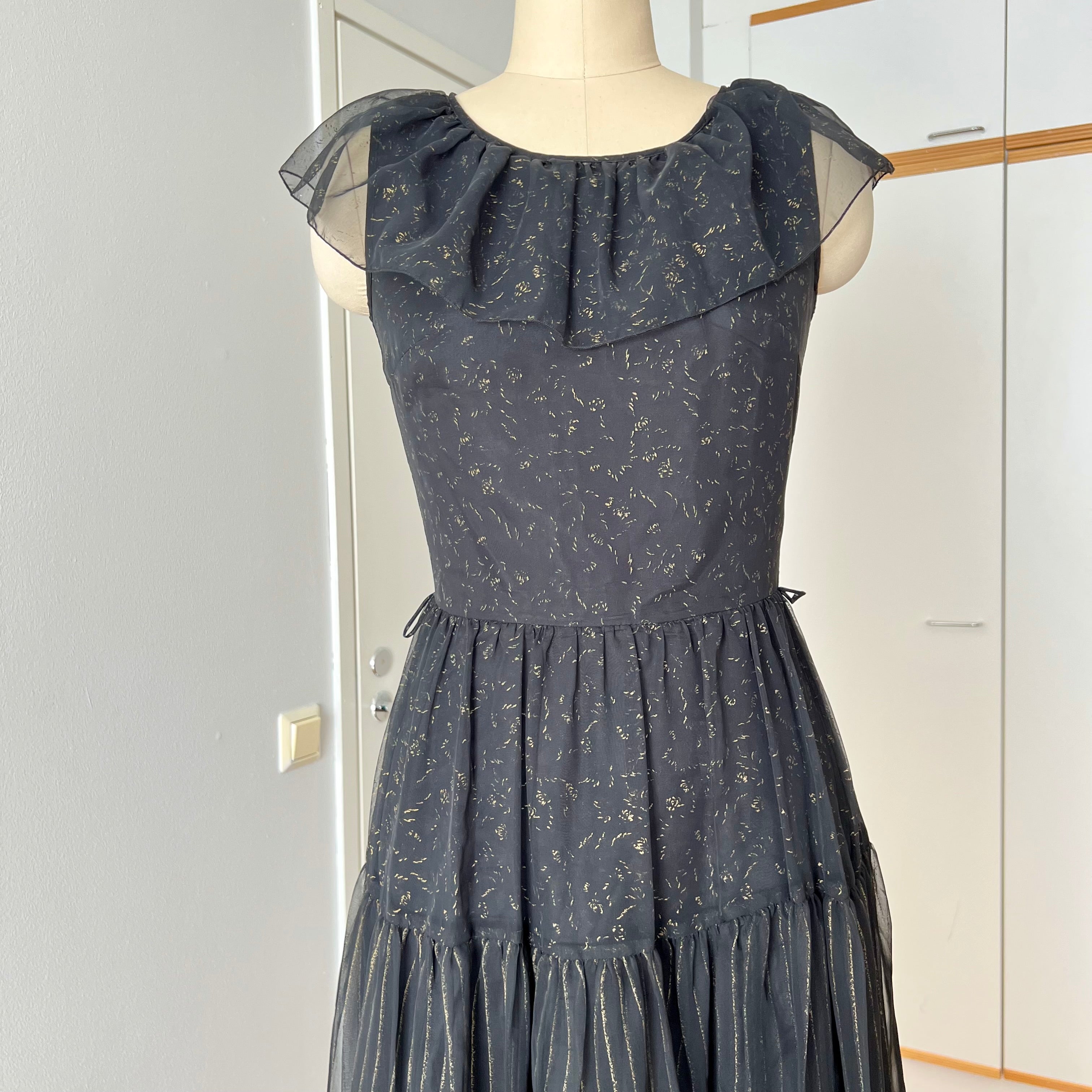 1970s Black Chiffon Maxi Dress-VERA MONT Tiered Ruffle Formal Whimsygoth Dress