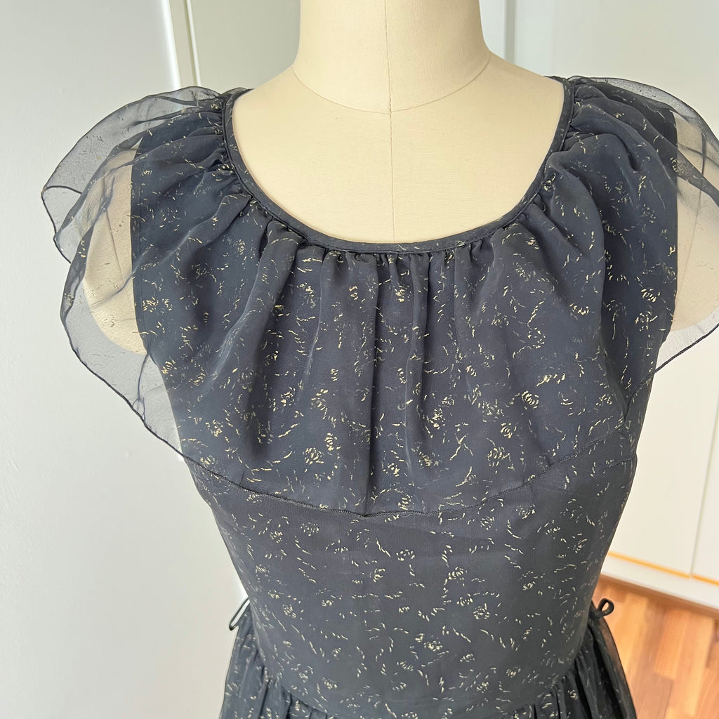 1970s Black Chiffon Maxi Dress-VERA MONT Tiered Ruffle Formal Whimsygoth Dress