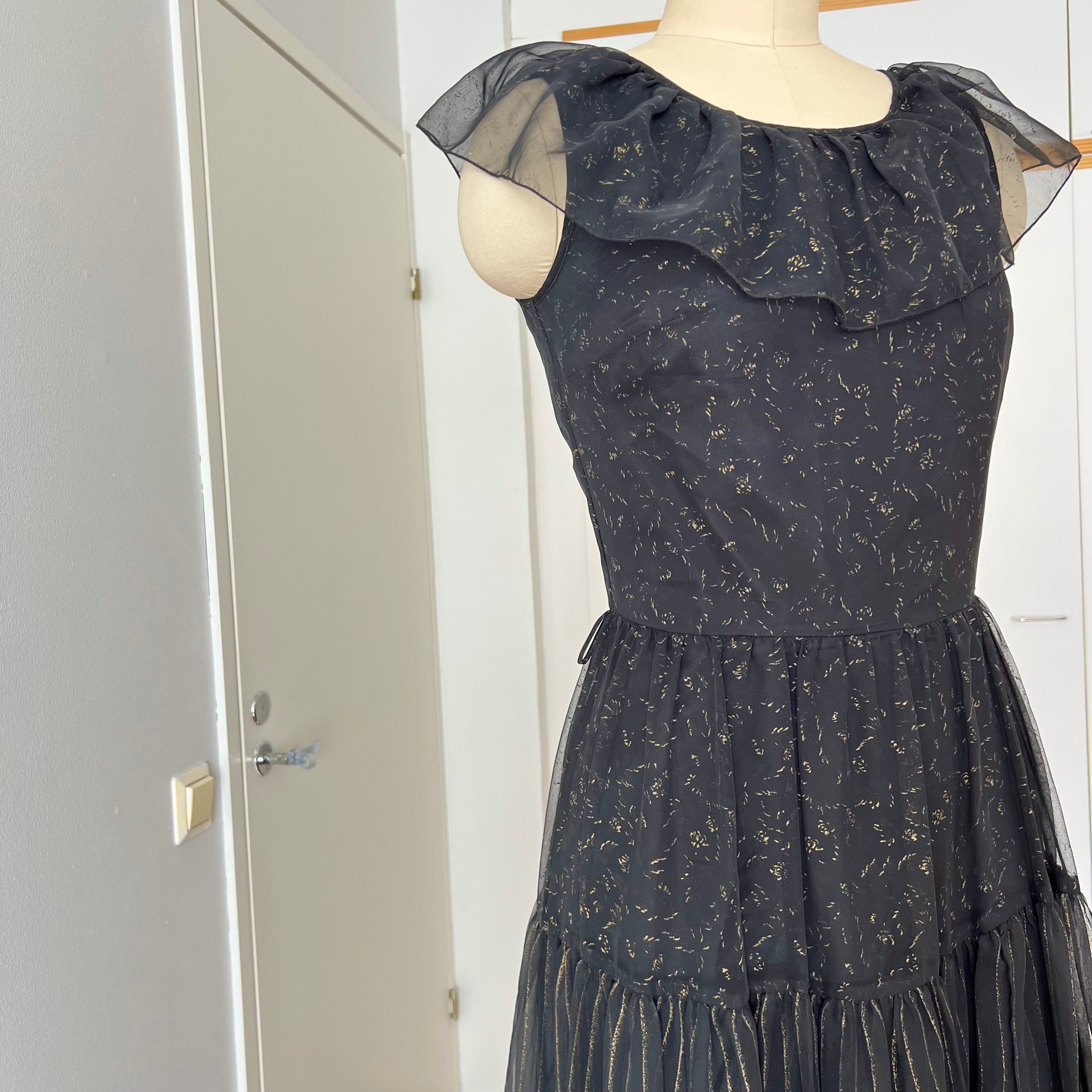 1970s Black Chiffon Maxi Dress-VERA MONT Tiered Ruffle Formal Whimsygoth Dress