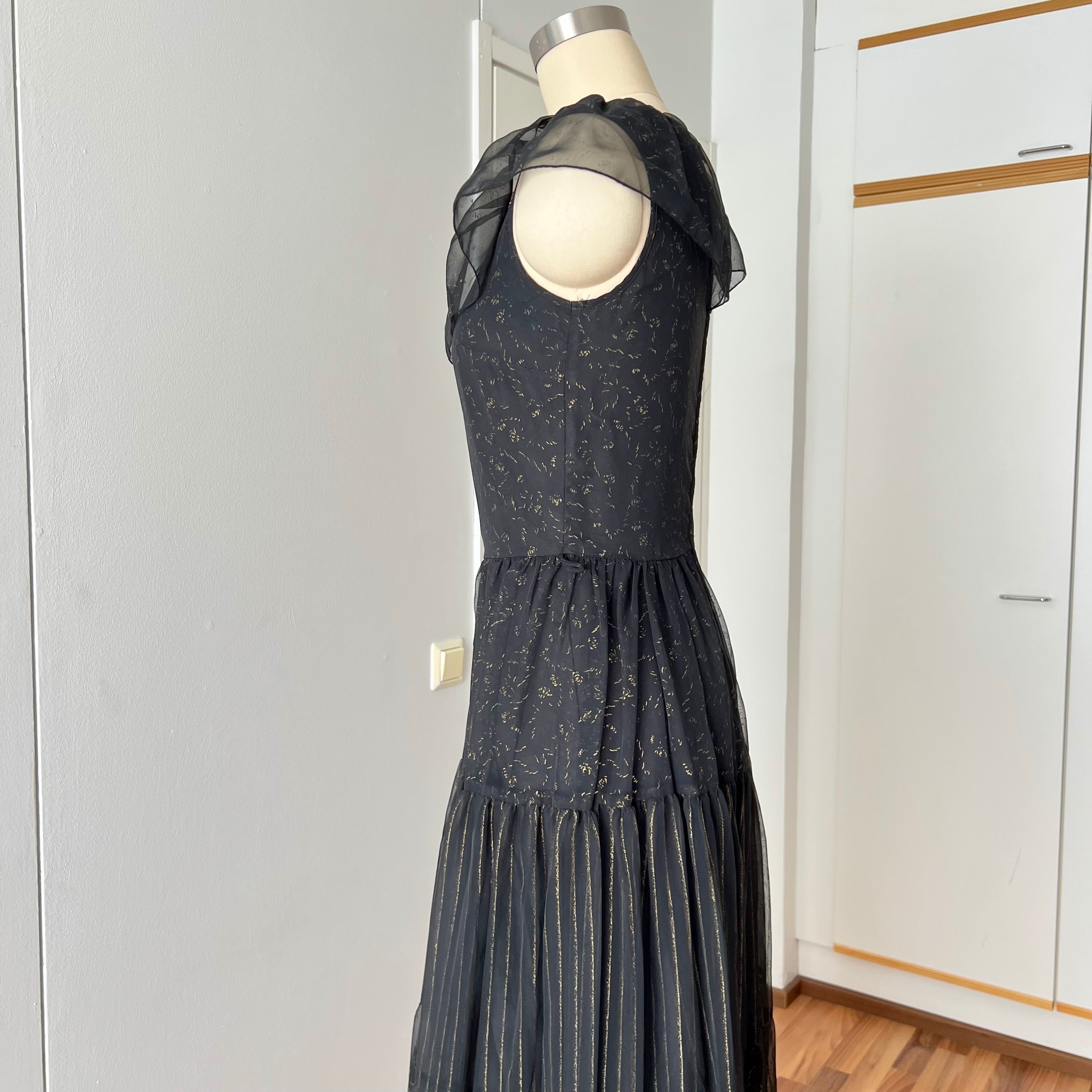 1970s Black Chiffon Maxi Dress-VERA MONT Tiered Ruffle Formal Whimsygoth Dress