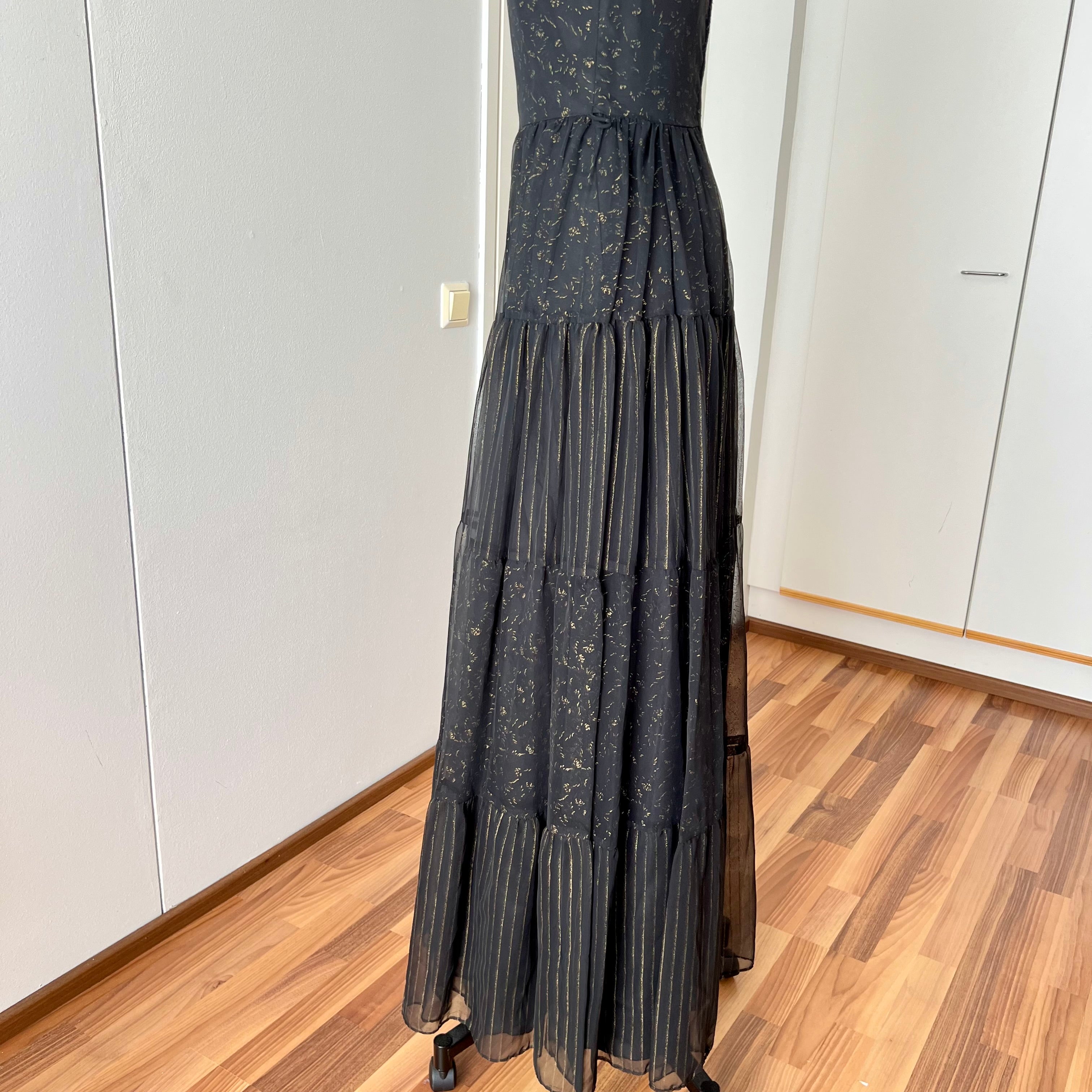 1970s Black Chiffon Maxi Dress-VERA MONT Tiered Ruffle Formal Whimsygoth Dress