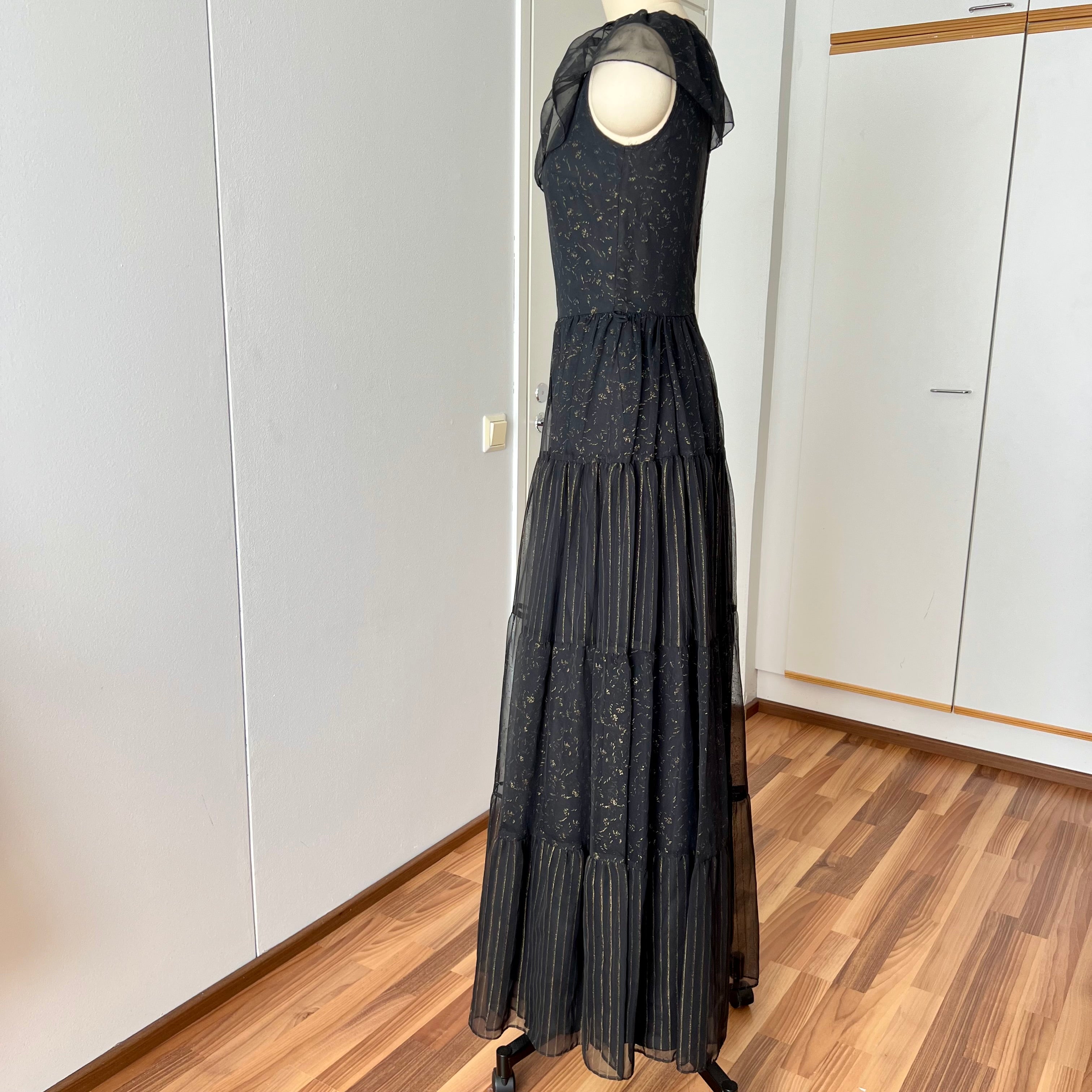 1970s Black Chiffon Maxi Dress-VERA MONT Tiered Ruffle Formal Whimsygoth Dress