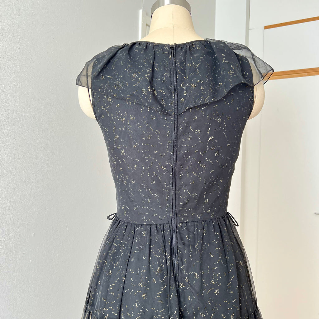 1970s Black Chiffon Maxi Dress-VERA MONT Tiered Ruffle Formal Whimsygoth Dress