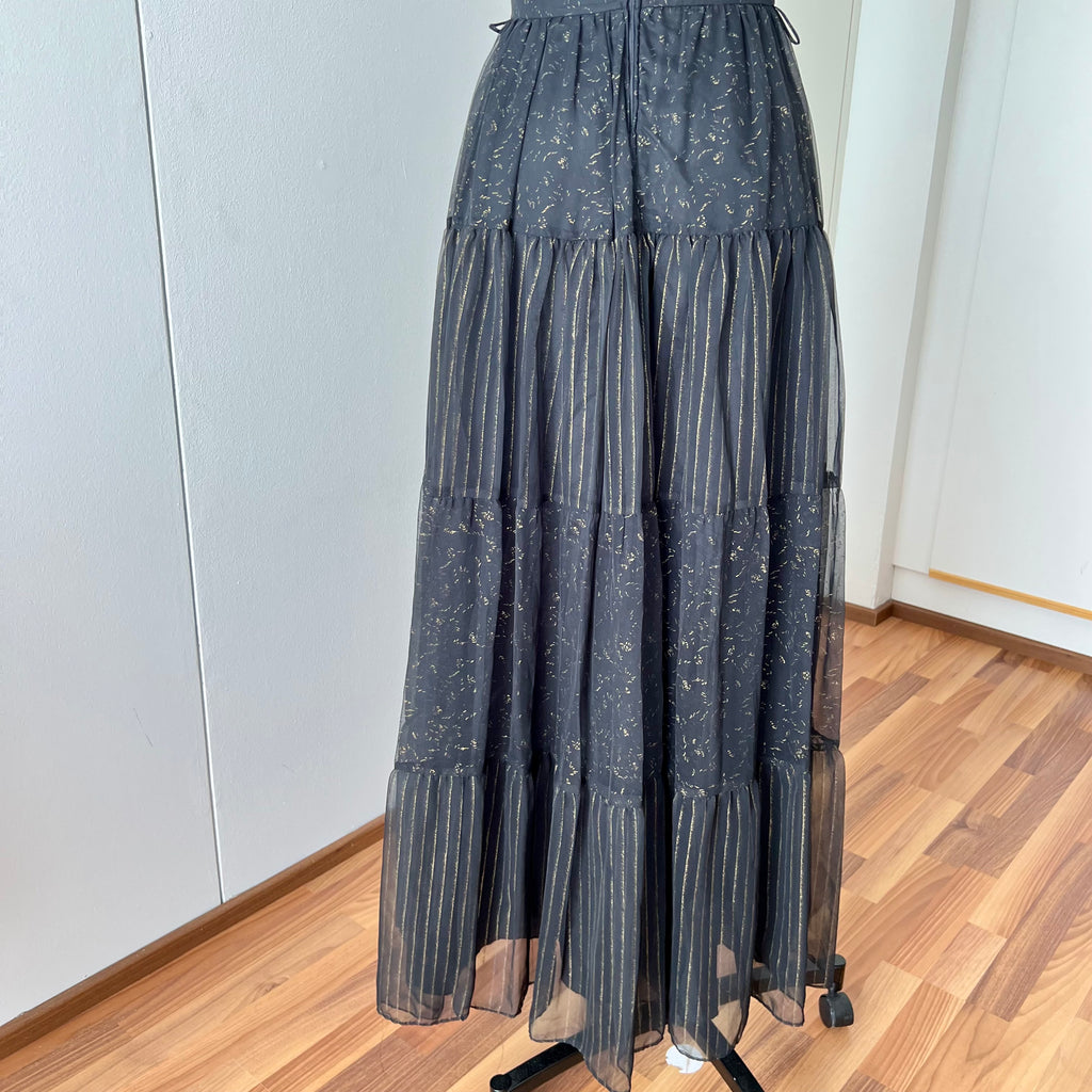 1970s Black Chiffon Maxi Dress-VERA MONT Tiered Ruffle Formal Whimsygoth Dress
