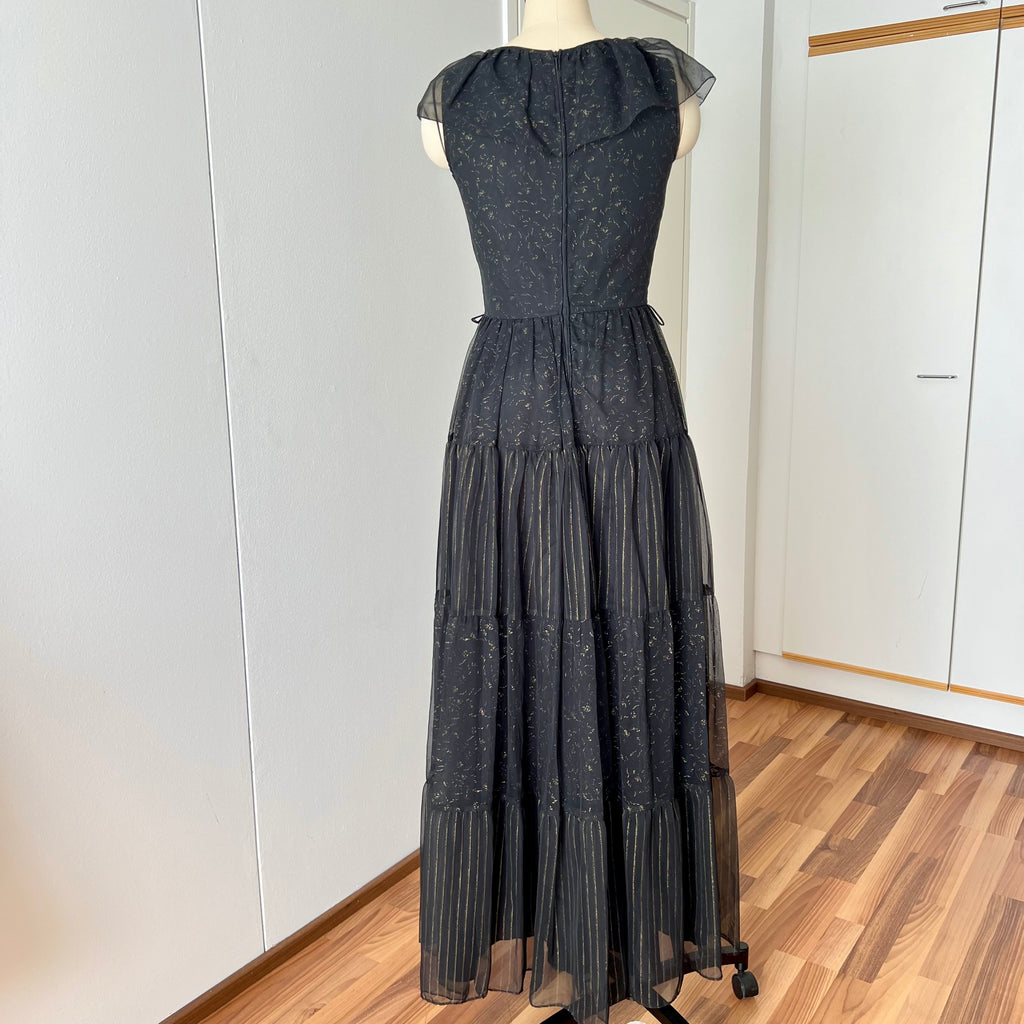 1970s Black Chiffon Maxi Dress-VERA MONT Tiered Ruffle Formal Whimsygoth Dress