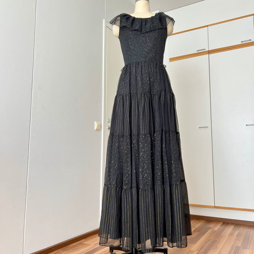 1970s Black Chiffon Maxi Dress-VERA MONT Tiered Ruffle Formal Whimsygoth Dress