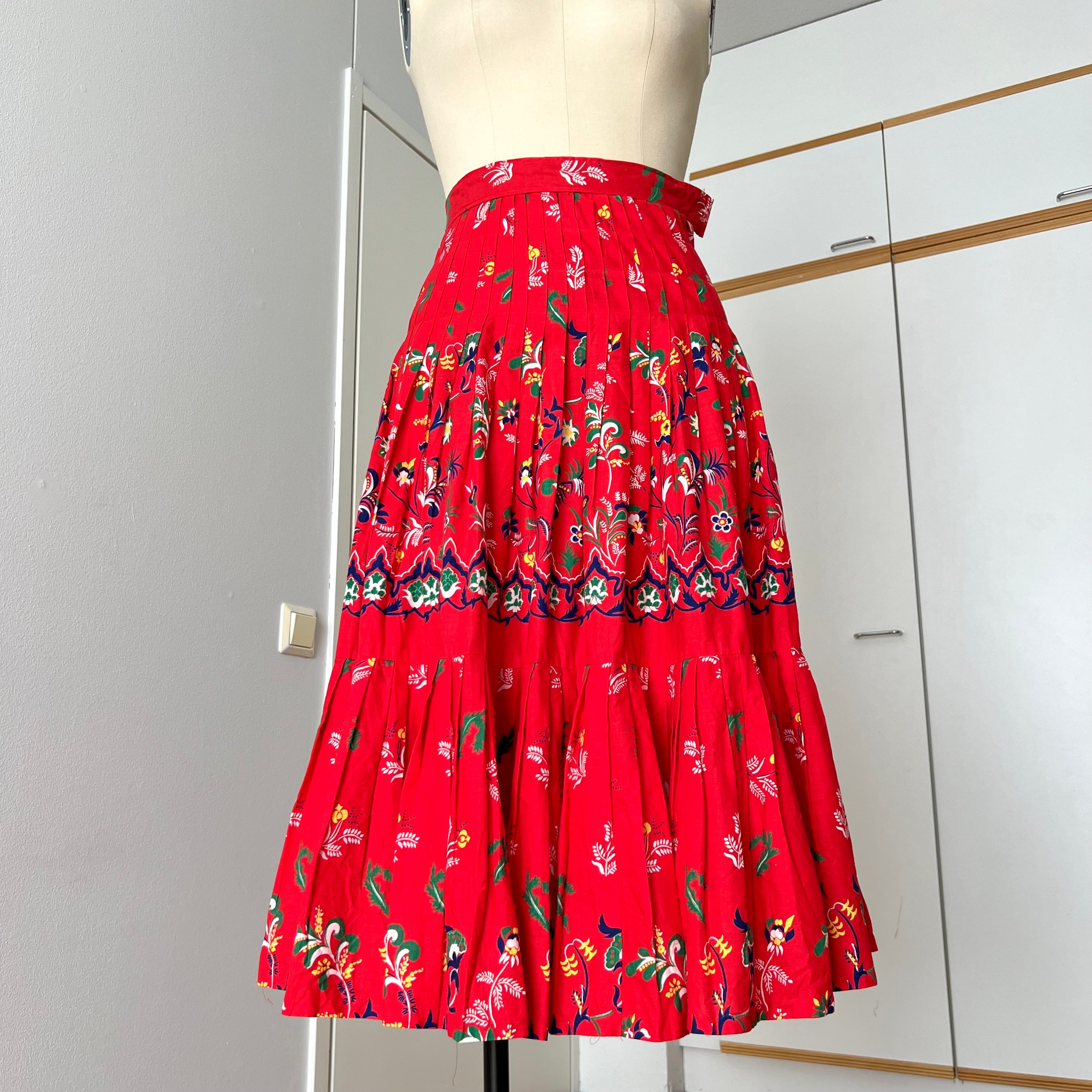 1970s Red Cotton Pleated Midi Skirt-High Waist Folkloric Boho Skirt-Cottagecore Peasant Summer Skirt