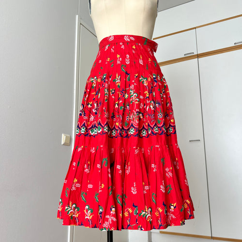 1970s Red Cotton Pleated Midi Skirt-High Waist Folkloric Boho Skirt-Cottagecore Peasant Summer Skirt