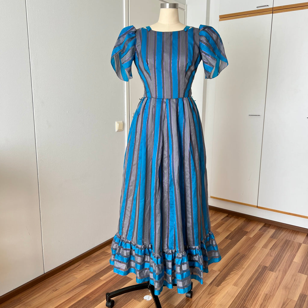 1980s Striped Taffeta Gown-Petal Sleeves Ruffle Hem Cocktail Party Dress