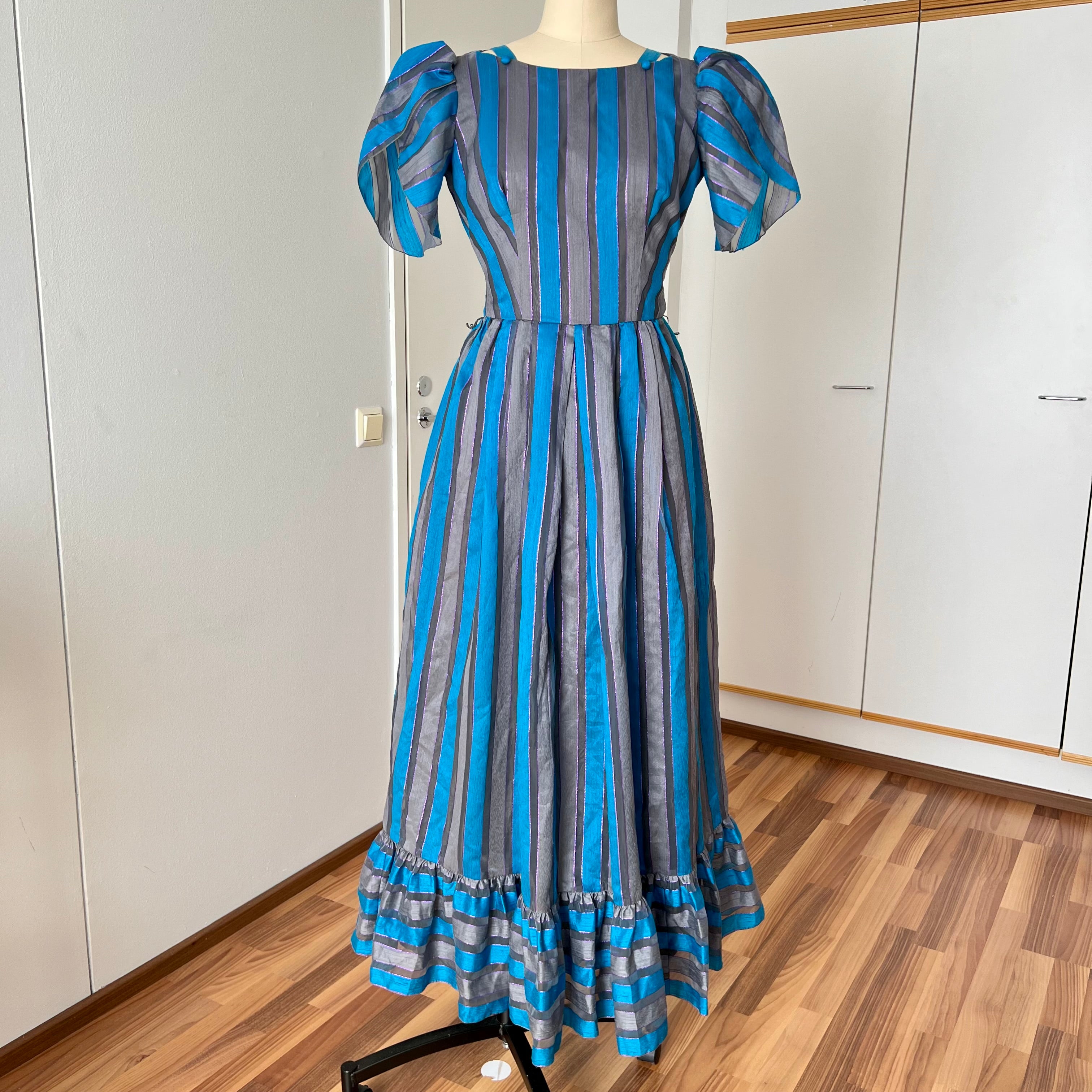 1980s Striped Taffeta Gown-Petal Sleeves Ruffle Hem Cocktail Party Dress