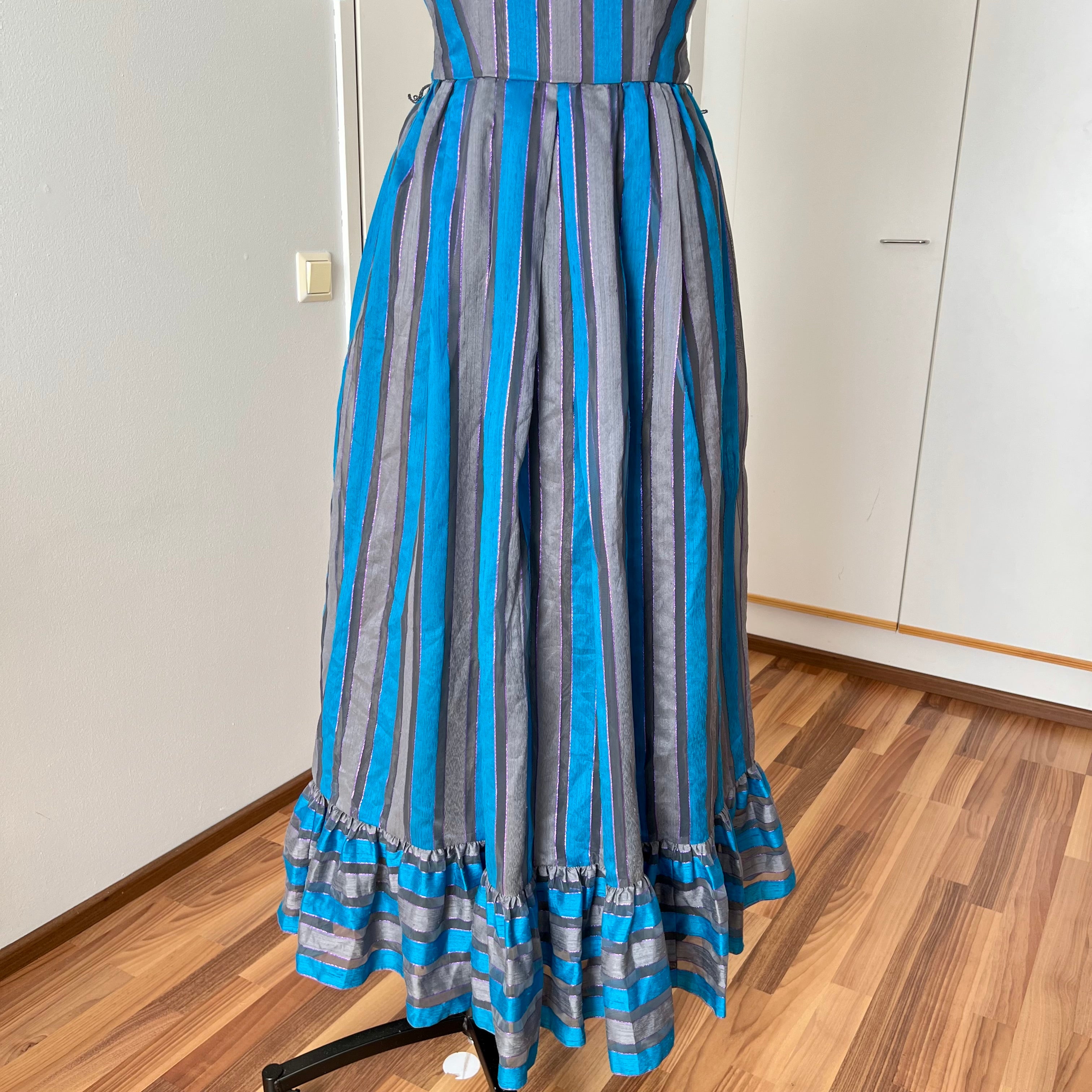 1980s Striped Taffeta Gown-Petal Sleeves Ruffle Hem Cocktail Party Dress