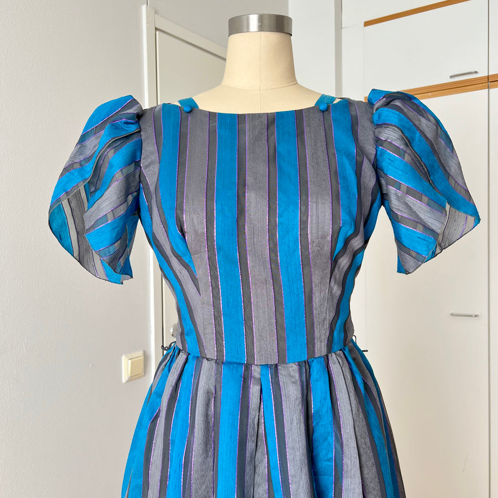1980s Striped Taffeta Gown-Petal Sleeves Ruffle Hem Cocktail Party Dress