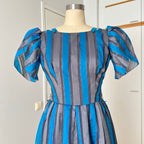 1980s Striped Taffeta Gown-Petal Sleeves Ruffle Hem Cocktail Party Dress