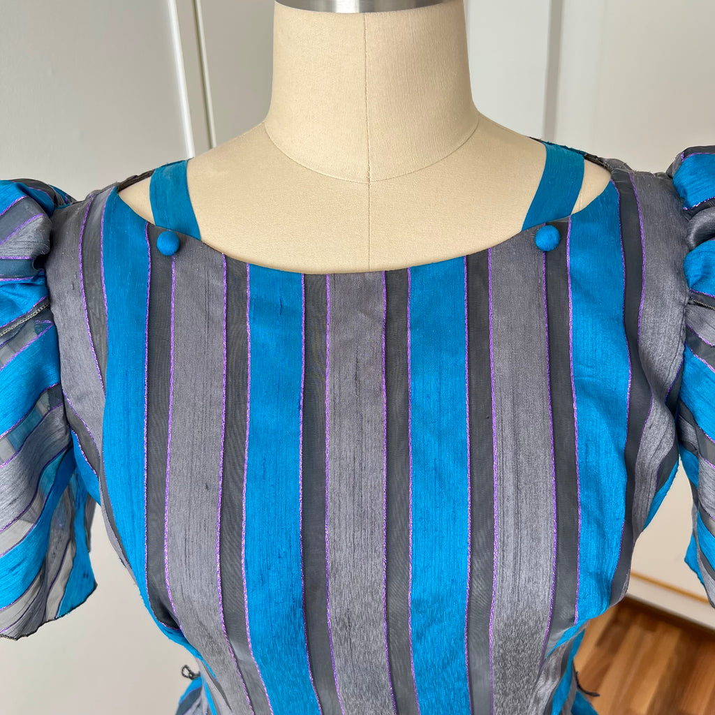 1980s Striped Taffeta Gown-Petal Sleeves Ruffle Hem Cocktail Party Dress