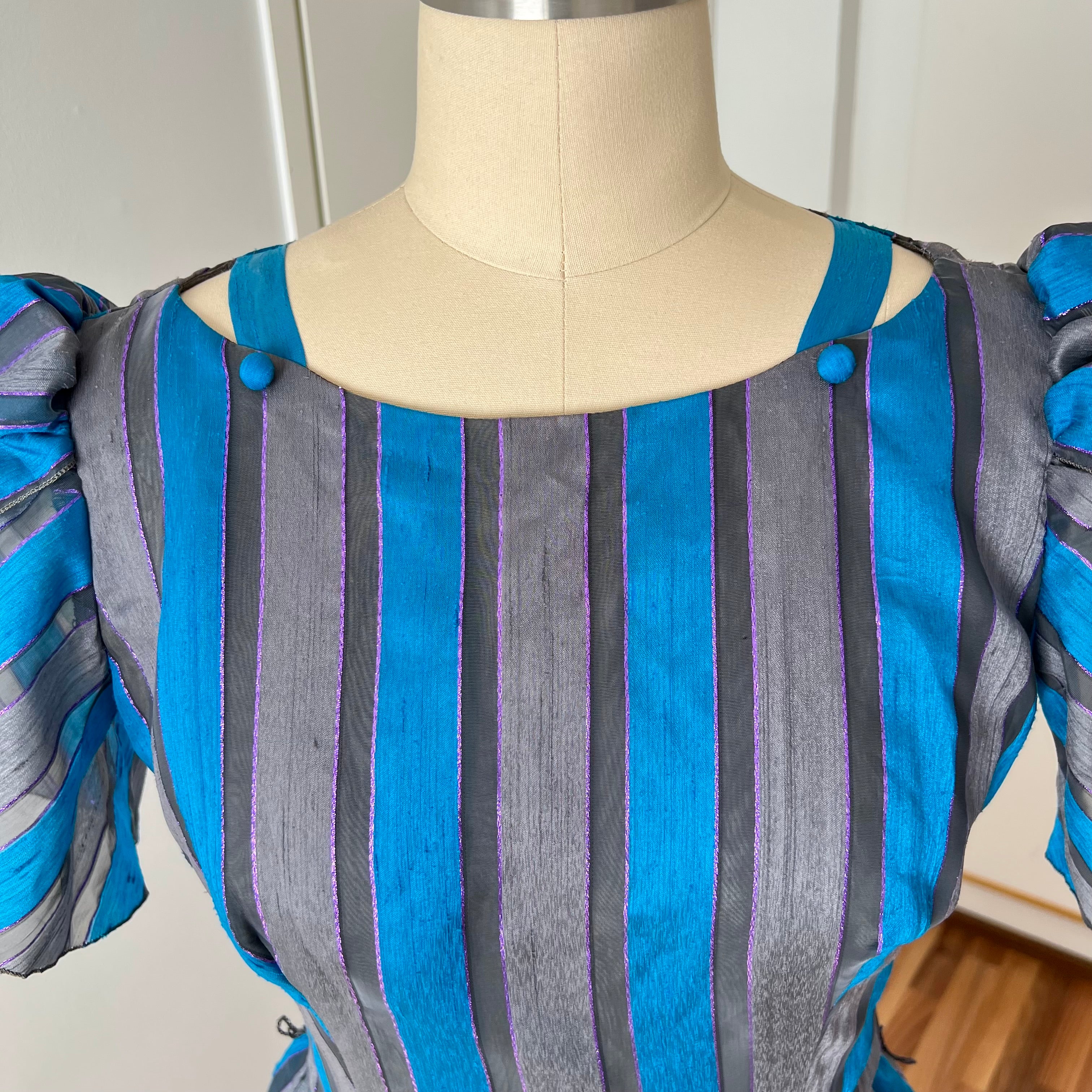 1980s Striped Taffeta Gown-Petal Sleeves Ruffle Hem Cocktail Party Dress