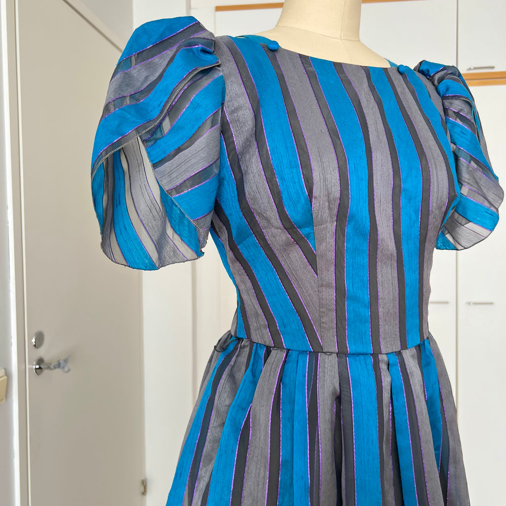 1980s Striped Taffeta Gown-Petal Sleeves Ruffle Hem Cocktail Party Dress
