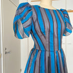 1980s Striped Taffeta Gown-Petal Sleeves Ruffle Hem Cocktail Party Dress