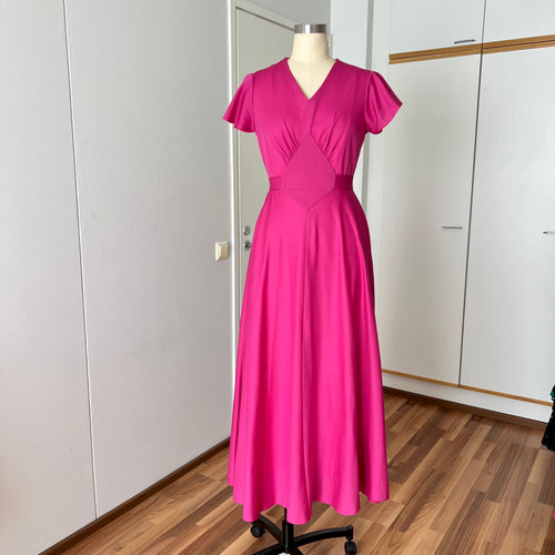 1970s Pink Flutter Sleeve Maxi Dress-Romantic Cottagecore Formal Dress EU 40