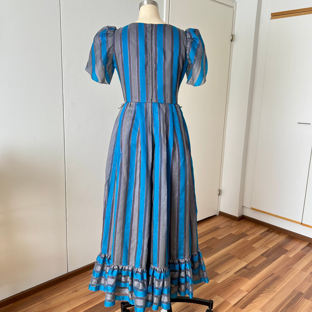1980s Striped Taffeta Gown-Petal Sleeves Ruffle Hem Cocktail Party Dress