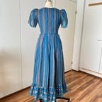1980s Striped Taffeta Gown-Petal Sleeves Ruffle Hem Cocktail Party Dress