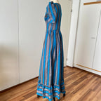 1980s Striped Taffeta Gown-Petal Sleeves Ruffle Hem Cocktail Party Dress