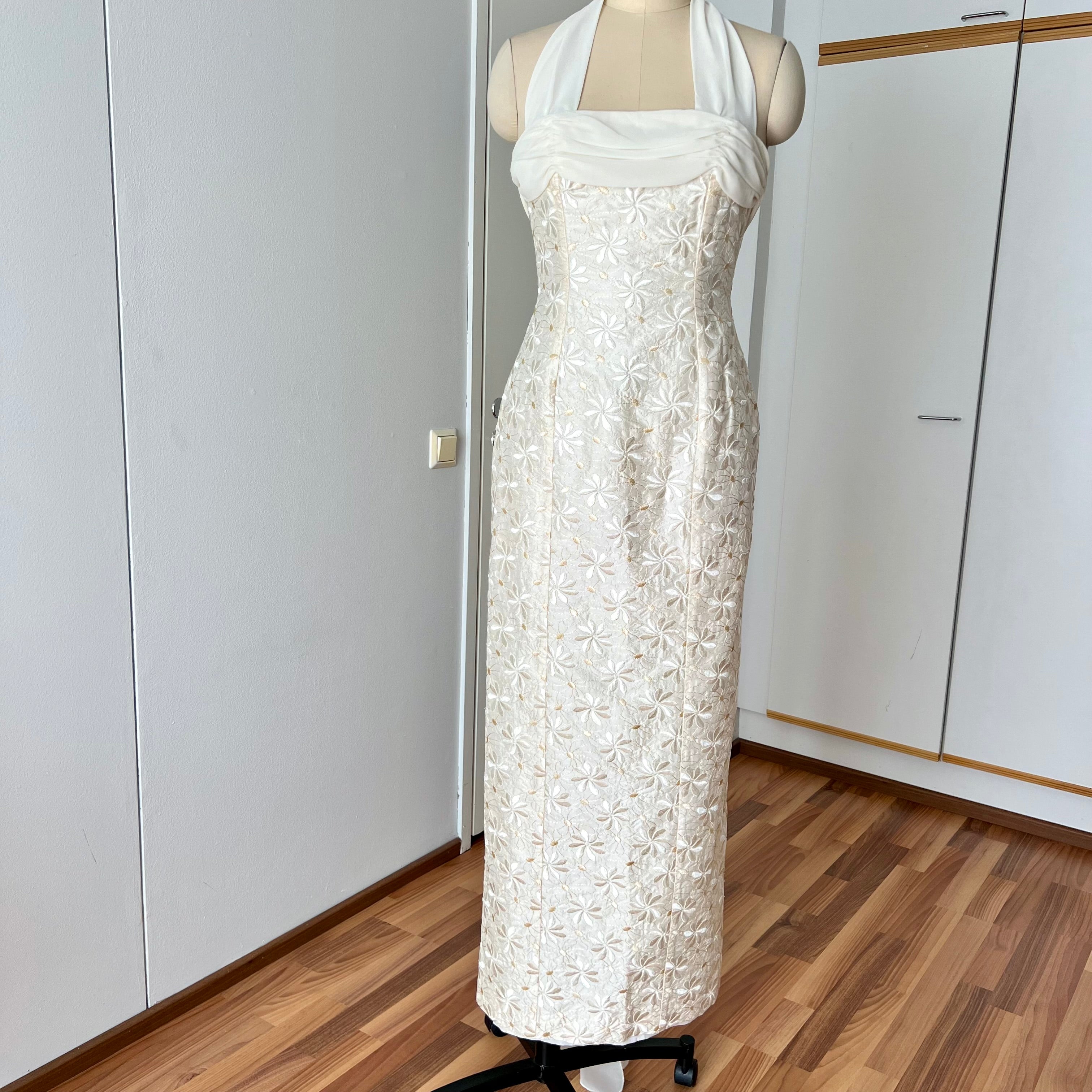 1990s Vintage Silk Wedding Dress Minimalist Halter Neck Bridal Gown Backless Aline Gown EU 38