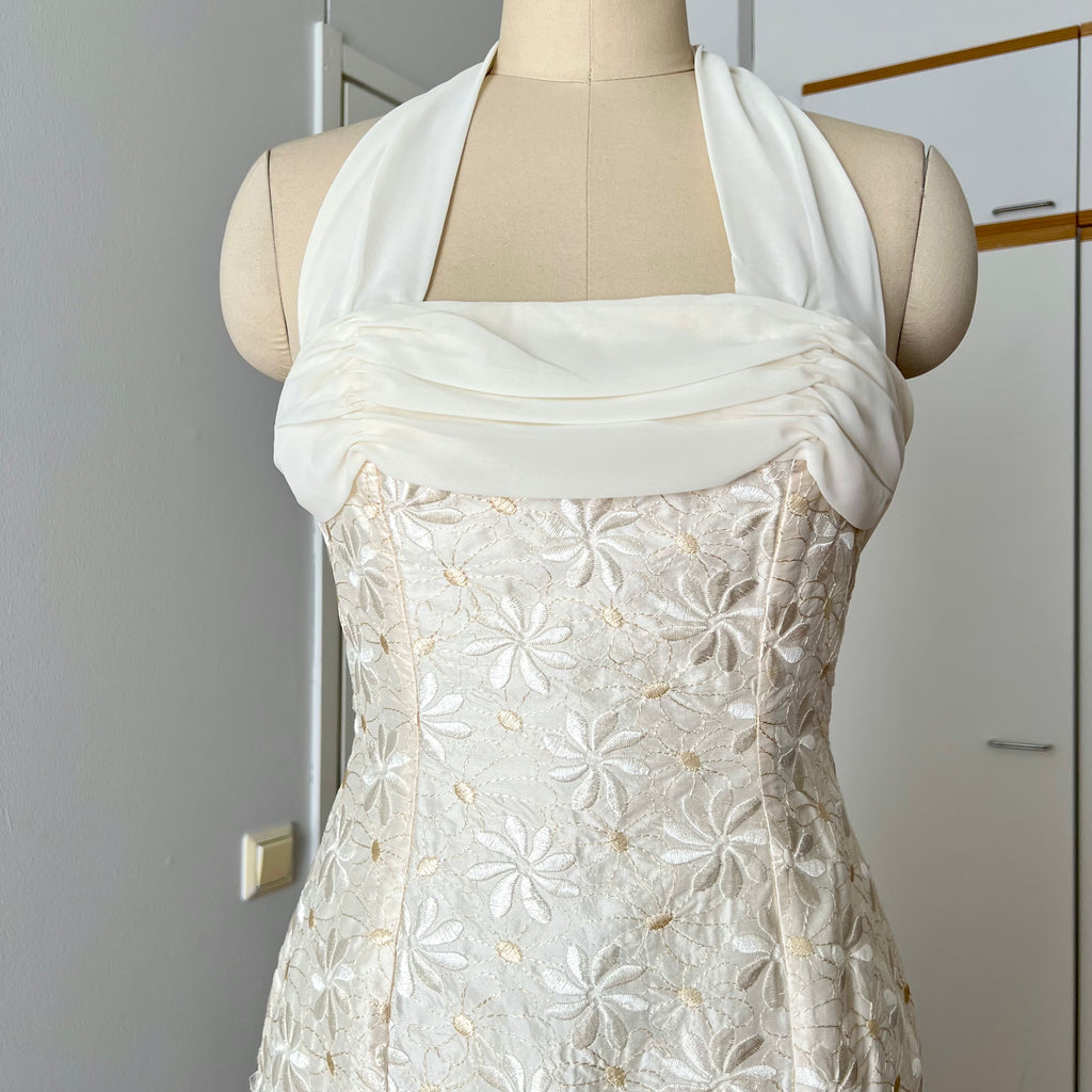 1990s Vintage Silk Wedding Dress Minimalist Halter Neck Bridal Gown Backless Aline Gown EU 38