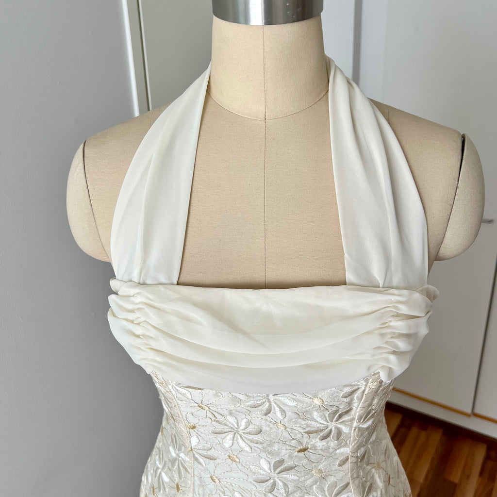 1990s Vintage Silk Wedding Dress Minimalist Halter Neck Bridal Gown Backless Aline Gown EU 38
