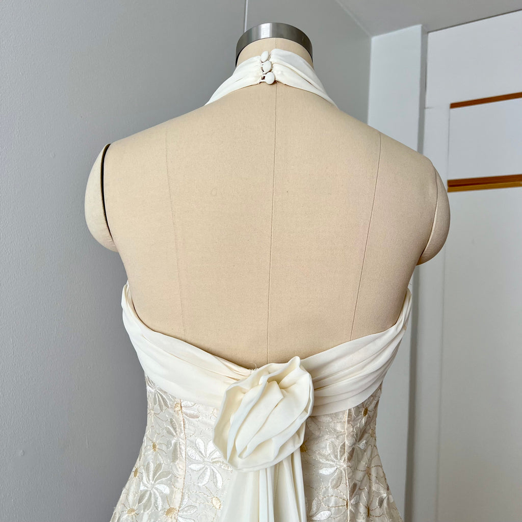 1990s Vintage Silk Wedding Dress Minimalist Halter Neck Bridal Gown Backless Aline Gown EU 38