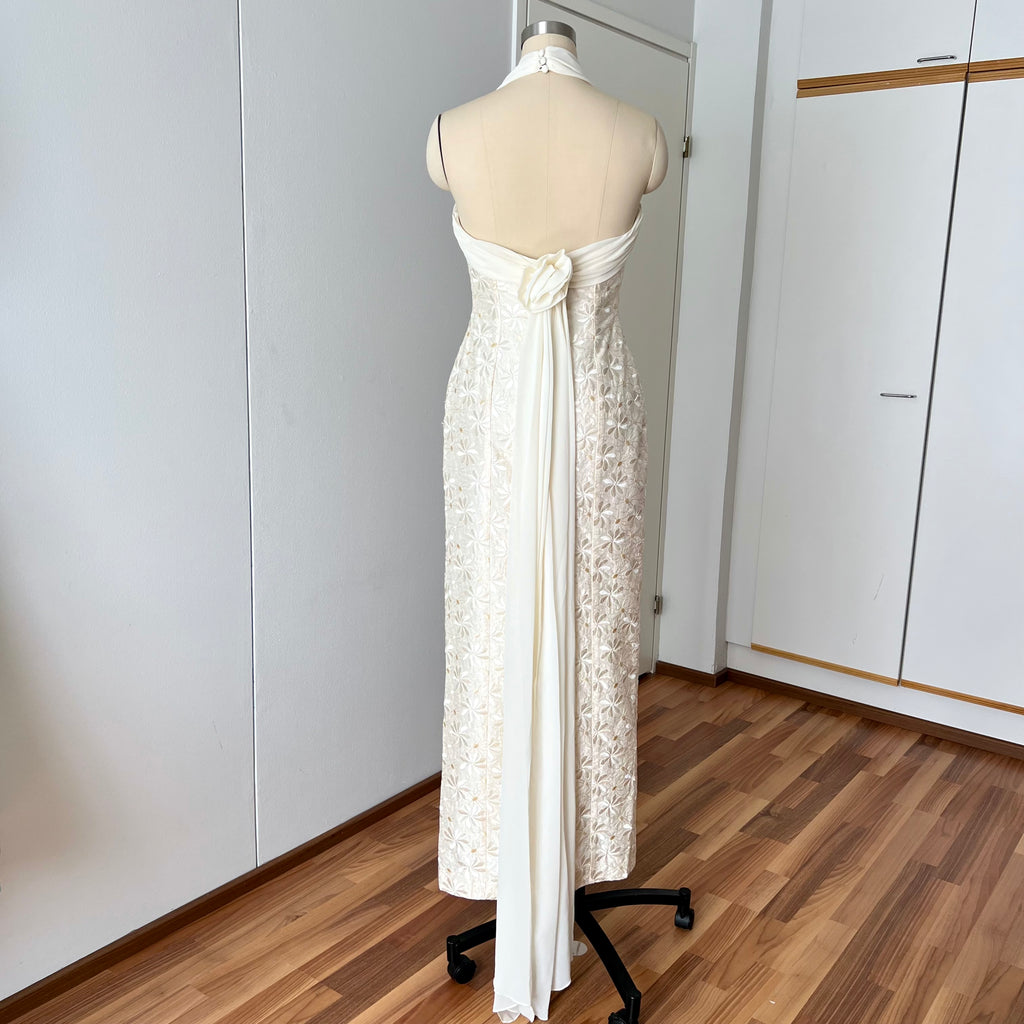1990s Vintage Silk Wedding Dress Minimalist Halter Neck Bridal Gown Backless Aline Gown EU 38