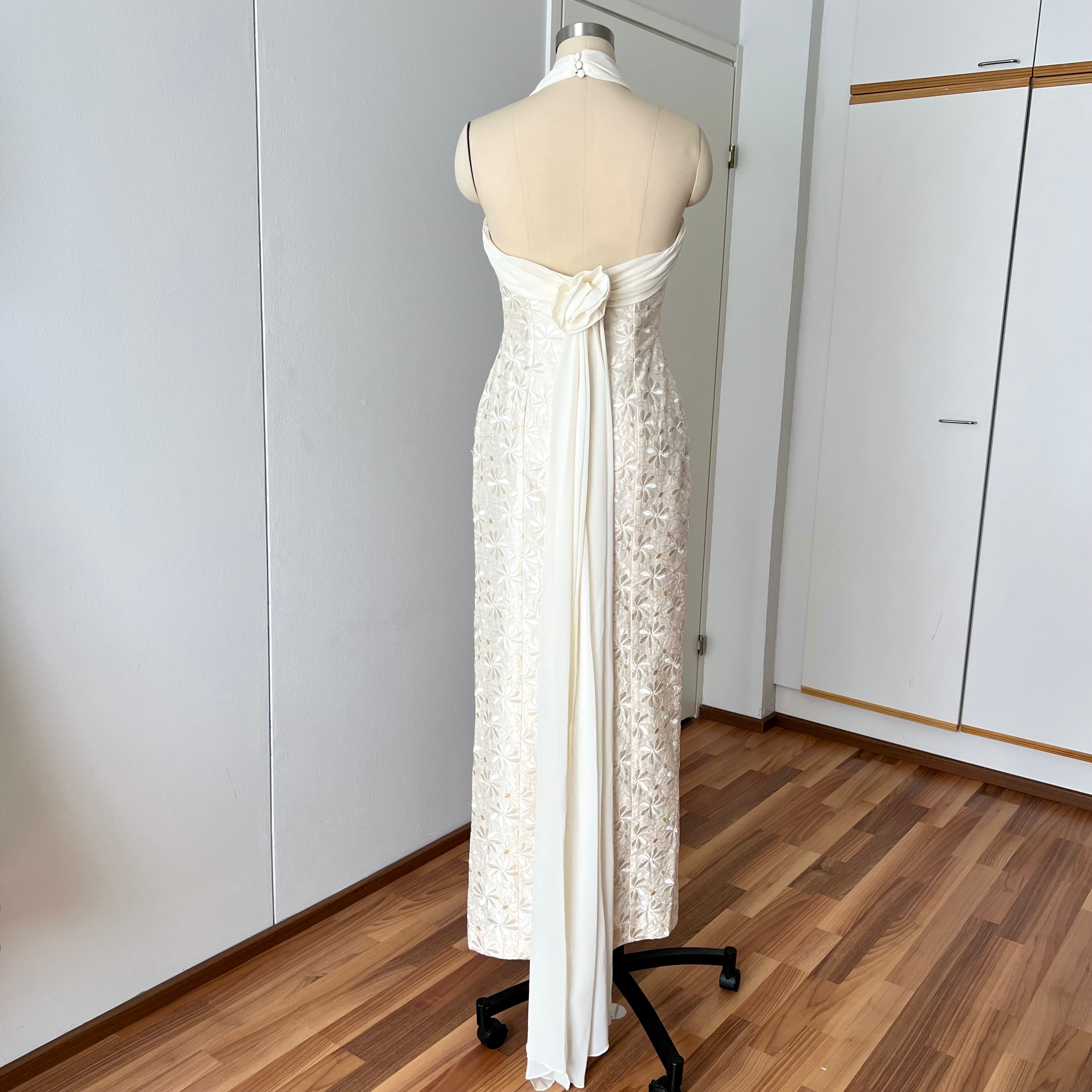 1990s Vintage Silk Wedding Dress Minimalist Halter Neck Bridal Gown Backless Aline Gown EU 38