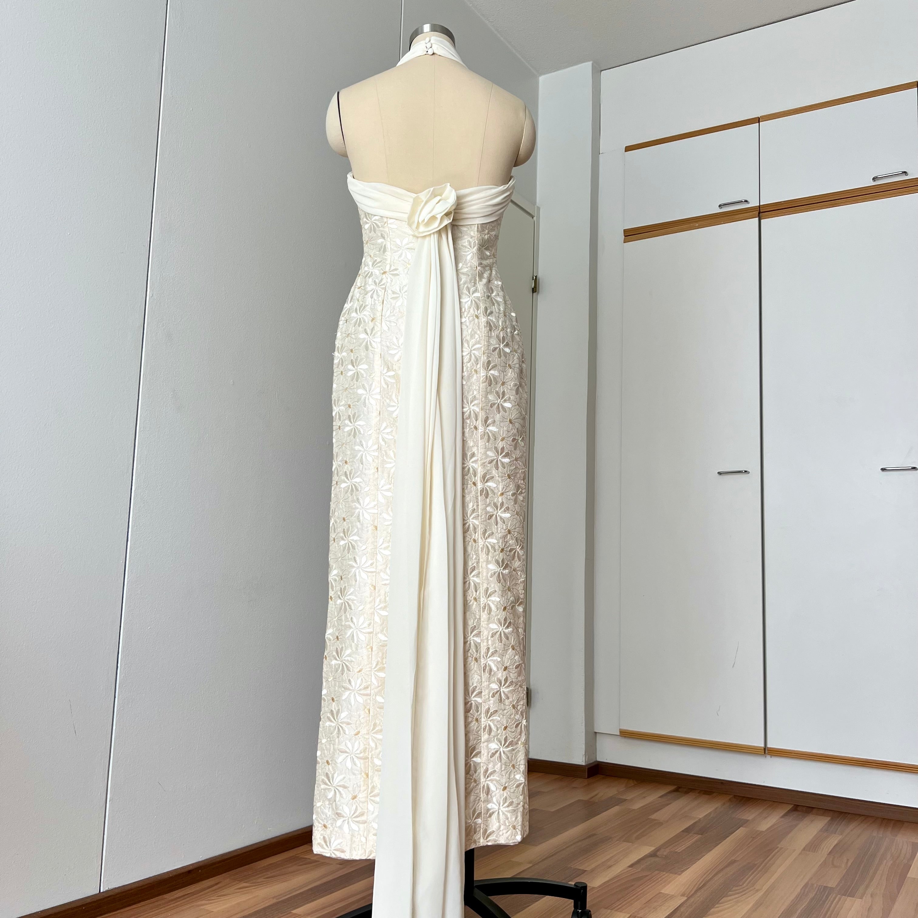 1990s Vintage Silk Wedding Dress Minimalist Halter Neck Bridal Gown Backless Aline Gown EU 38