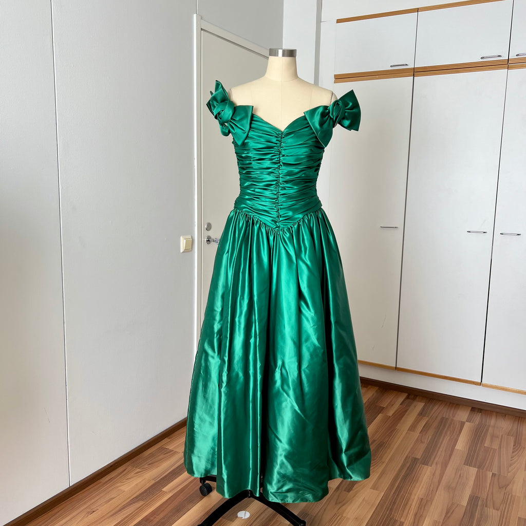 1980s JOHN CHARLES Green Prom Dress-Off Shoulder Drop Waist Ruched Metallic Ball Gown