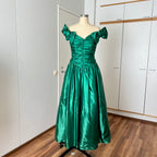 1980s JOHN CHARLES Green Prom Dress-Off Shoulder Drop Waist Ruched Metallic Ball Gown